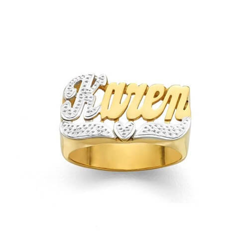 Custom 14k gold and silver two tone nameplate ring with diamond accent personalized diamond cut name ring wholesale manufacturers